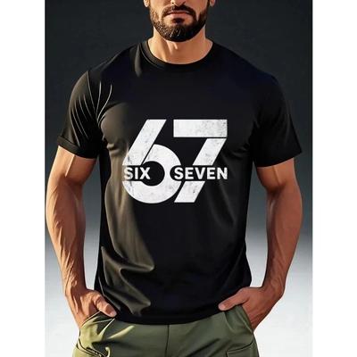 Men's Distressed Print Vintage Number 67 Tee - Casual Streetwear Short Sleeve T-Shirt, Round Neck Summer Top for Summer Casual Wear & Everyday Outfits