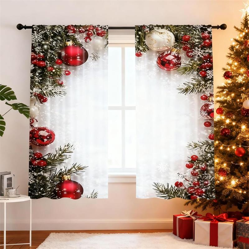 Christmas Ball Holiday Printed Curtains, 2 Pieces 2D Flat Printed Red Luxury Xmas Print Curtains with Snowflakes  for Holiday Party Decor