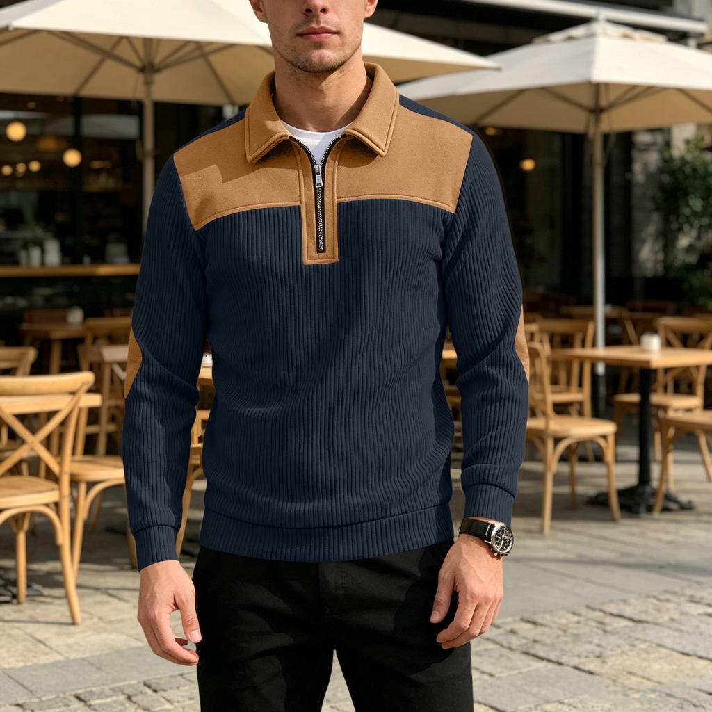 Men's Casual Loose Fit Knit Sweater Half Zip Pullover Long Sleeve Embroidered Sweatshirt with Collar Patchwork Design for Fall Winter