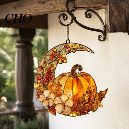 Light Catching Decorative Hanging Pendant Stained Glass Pumpkin Moon Suncatcher, Acrylic Crescent Window Decor with Creative Holiday Decoration