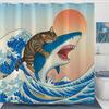 Relaxed Cat Shower Curtain, Japanese Art Great Wave Sunset Design, Fun Vacation Scene Print, Unique Aesthetic Bathroom Decor
