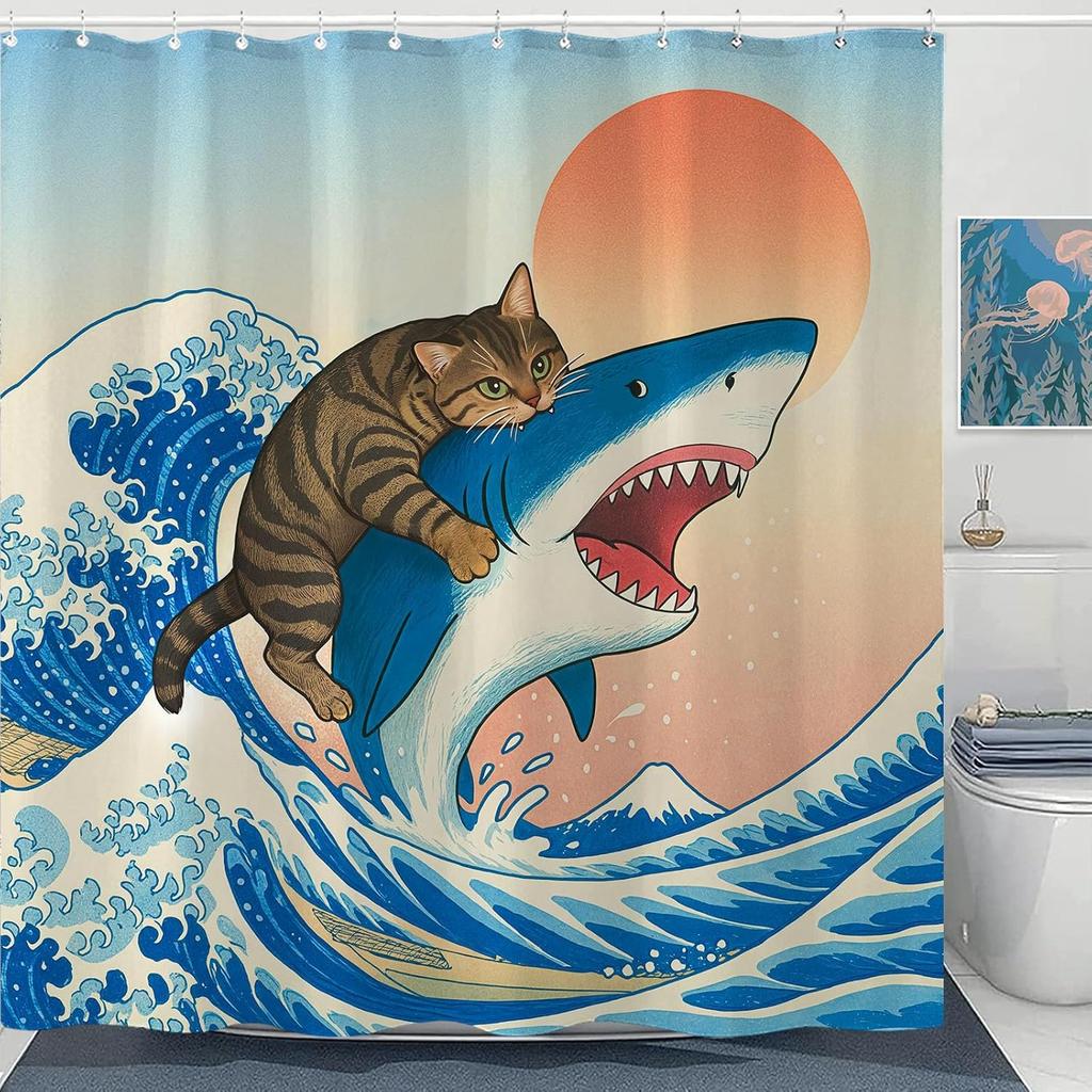 Relaxed Cat Shower Curtain, Japanese Art Great Wave Sunset Design, Fun Vacation Scene Print, Unique Aesthetic Bathroom Decor