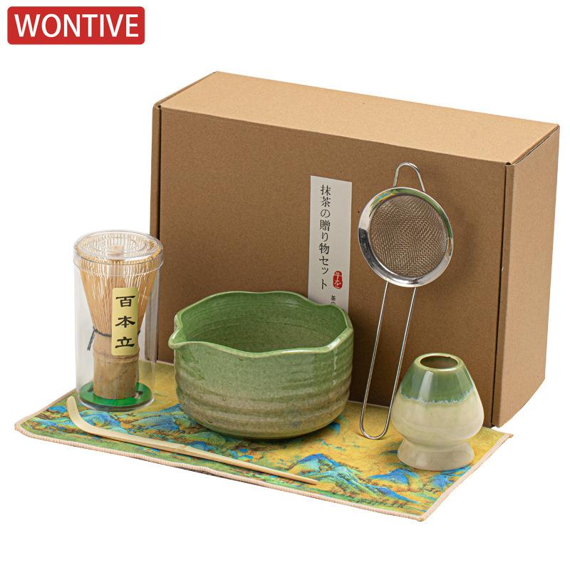 Zestaw 4/6 sztuk Tradycyjny falisty Zestaw Prezentowy Matcha Bambusowa Miotełka Matcha Łyżeczka Ceramiczna Miseczka Matcha Stojak na Miotełkę Japońskie Zestawy Naczyn do Herbaty