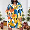 Women Plus Size V Neck Long Sleeve Printed Striped Dress With Pockets