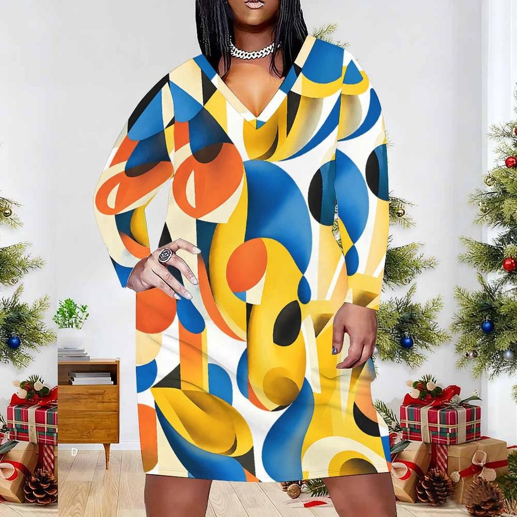 Women Plus Size V Neck Long Sleeve Printed Striped Dress With Pockets