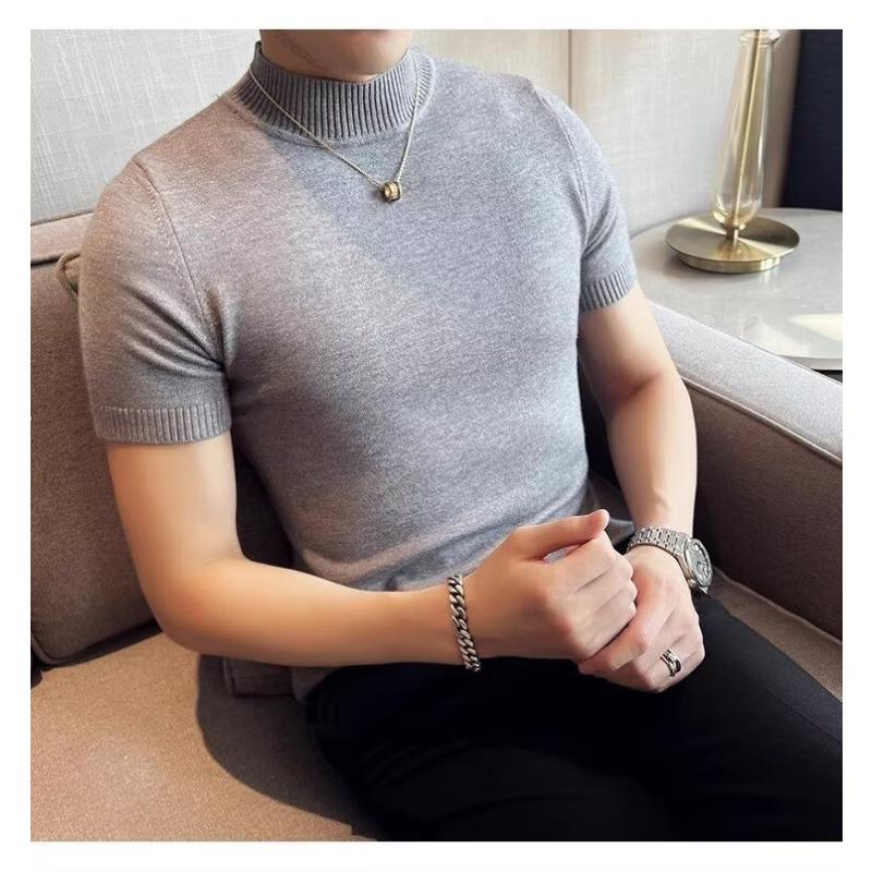 Men Half Turtleneck Short Sleeve Knit Shirt Slim Fit Solid Color Casual Pullover