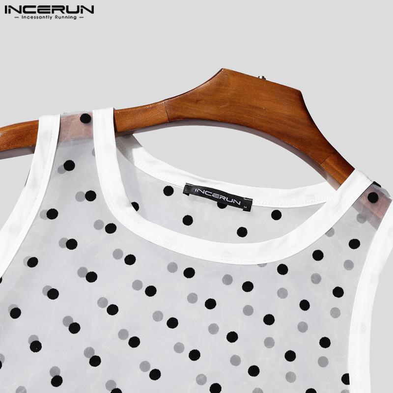 INCERUN Men Sleeveless See Through Mesh Sheer Ruffled Polka Dot Tank Tops