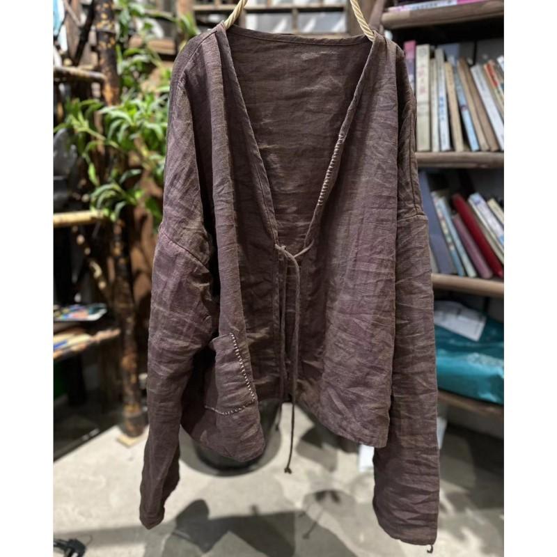 Johnature Woman Spring Long Sleeves V-Neck Shirt Single Breasted Solid Color Chinese Style Vintage Shirt