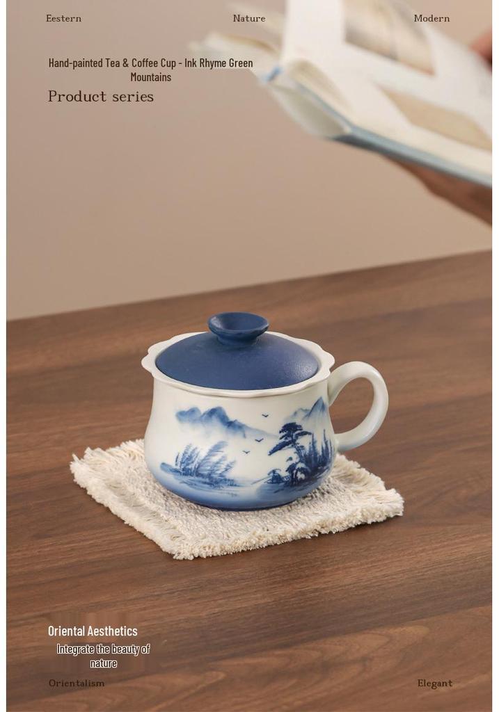 Hand-Painted Ink Wash Ceramic Tea Cup with Lid for Office or Home