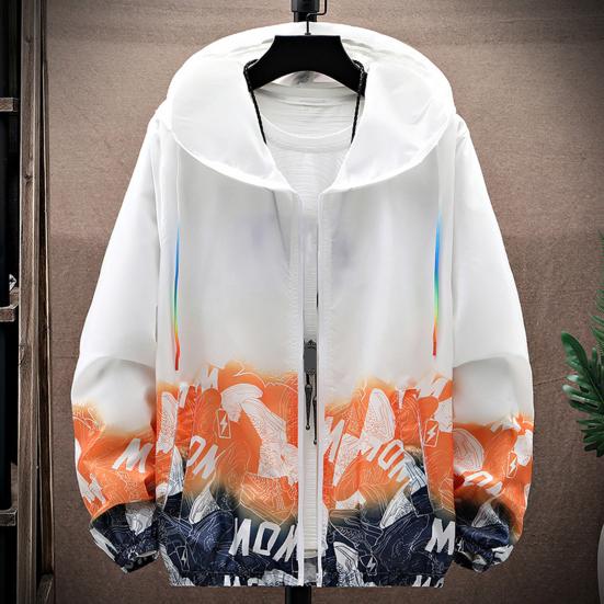 Men Sun Protection Clothing Hooded Long Sleeve Pockets Sunscreen Jacket Zipper Placket Shoes Print Quick Drying Windbreaker