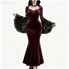 Women Solid Color Velvet Fishtail Maxi Dress Elegant Lace Up Long Sleeve Evening Gown