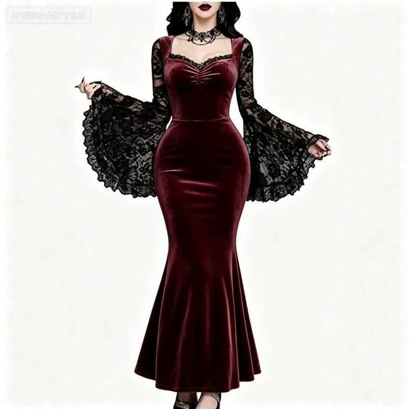 Women Solid Color Velvet Fishtail Maxi Dress Elegant Lace Up Long Sleeve Evening Gown