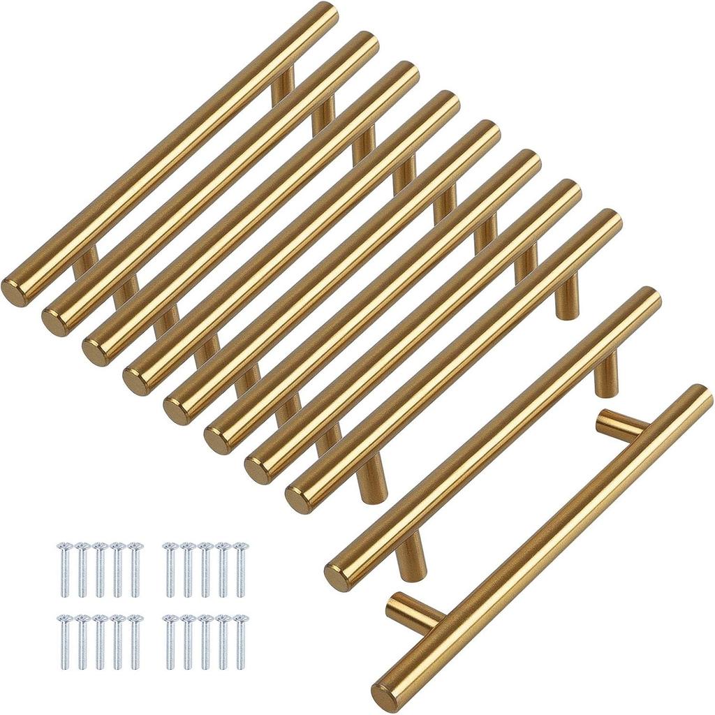 6 Pack 6" Brushed Brass Cabinet Cupboard Drawer Door Handle Pull Stainless Steel T Bar Drawer Pulls, 6" Length, 4" Hole Center