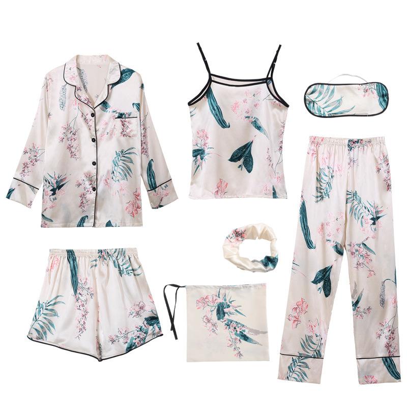 

GMXIA Пижамный комплект из семи предметов из искусственного шелка с кленовыми листьями, женский, с длинным рукавом, весенне-осенний, милый, женский, для дома, комплекты пижам XL