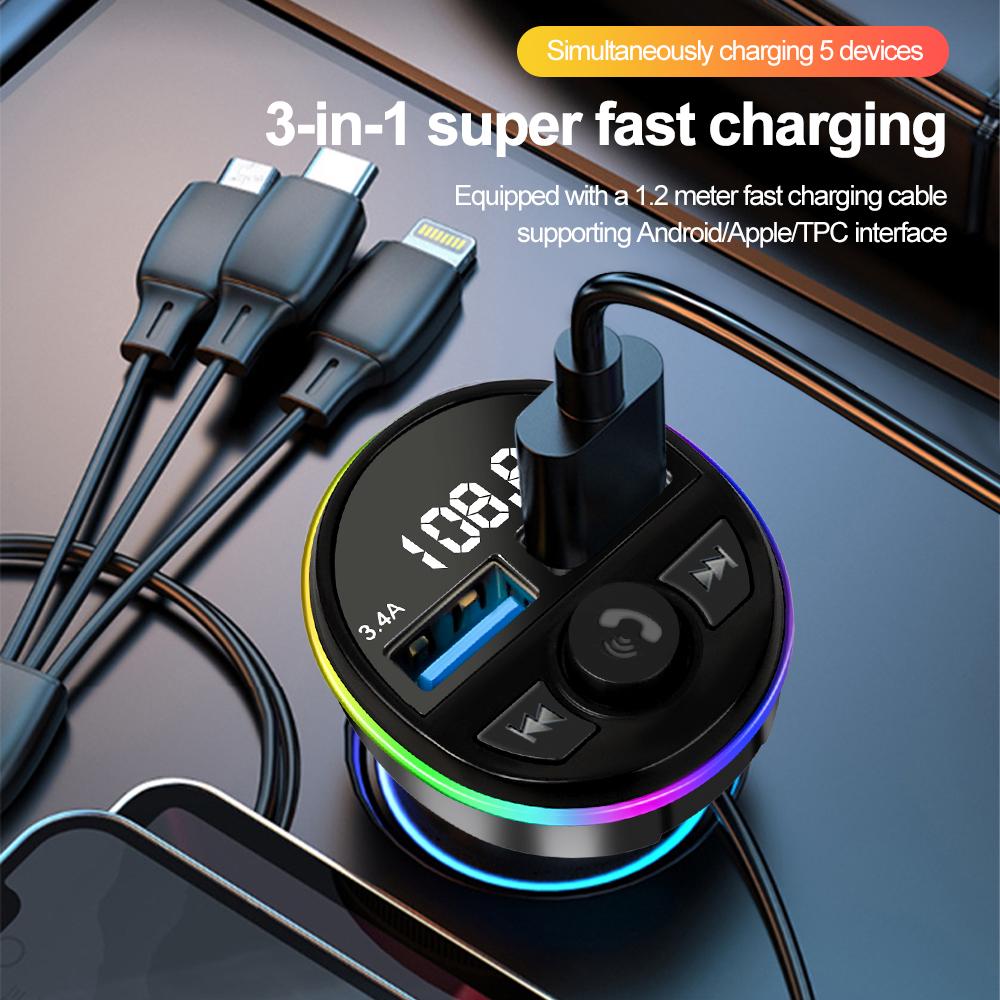 Car Fast Charger with 3 In 1 Cable Bluetooth 5.0 FM Transmitter Car Kit MP3 Modulator Player Handsfree Audio Receiver for Iphone Huawei Xiaomi