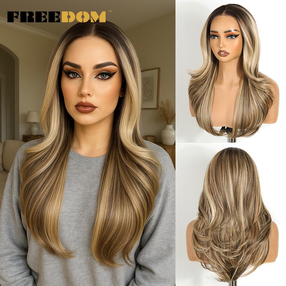FREEDOM Layered Synthetic Lace Front Wigs For Women 20 Inch Ombre Blonde Wavy 6X4 Pre Plucked Wear And Go Glueless Lace Wigs