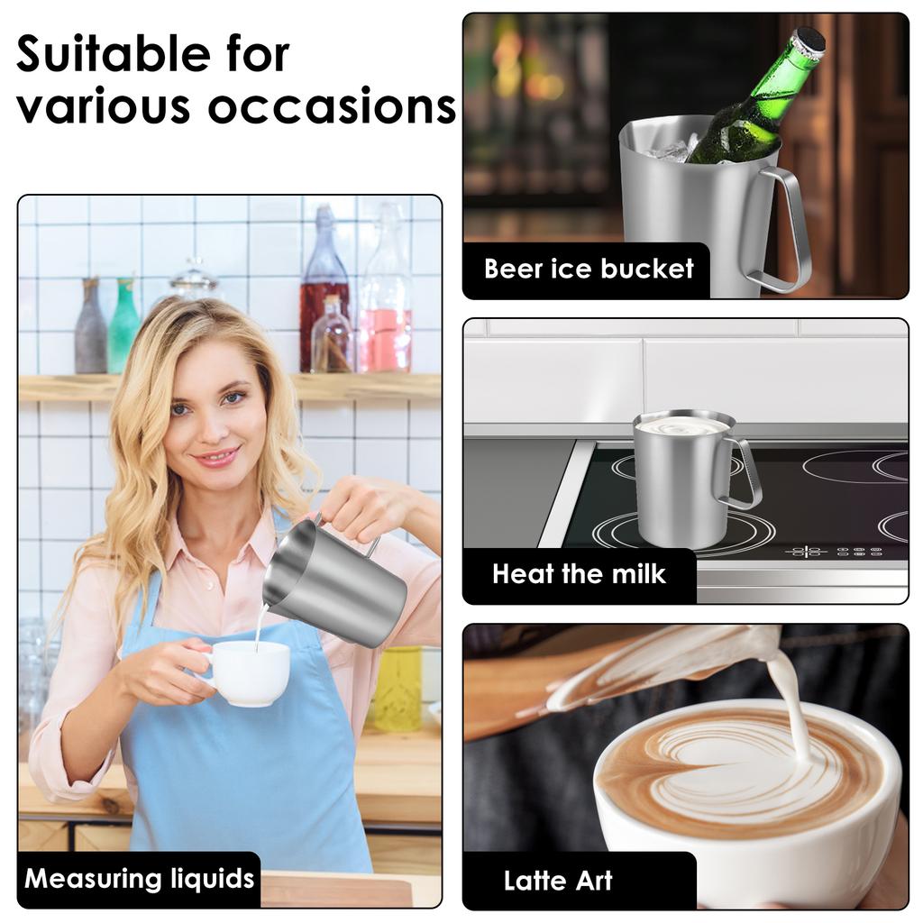 Milchaufschäumkännchen aus Edelstahl mit Griff und Deckel, rostfrei, mit großer Öffnung, Messbecher aus Metall mit klarer Markierung für Zuhause