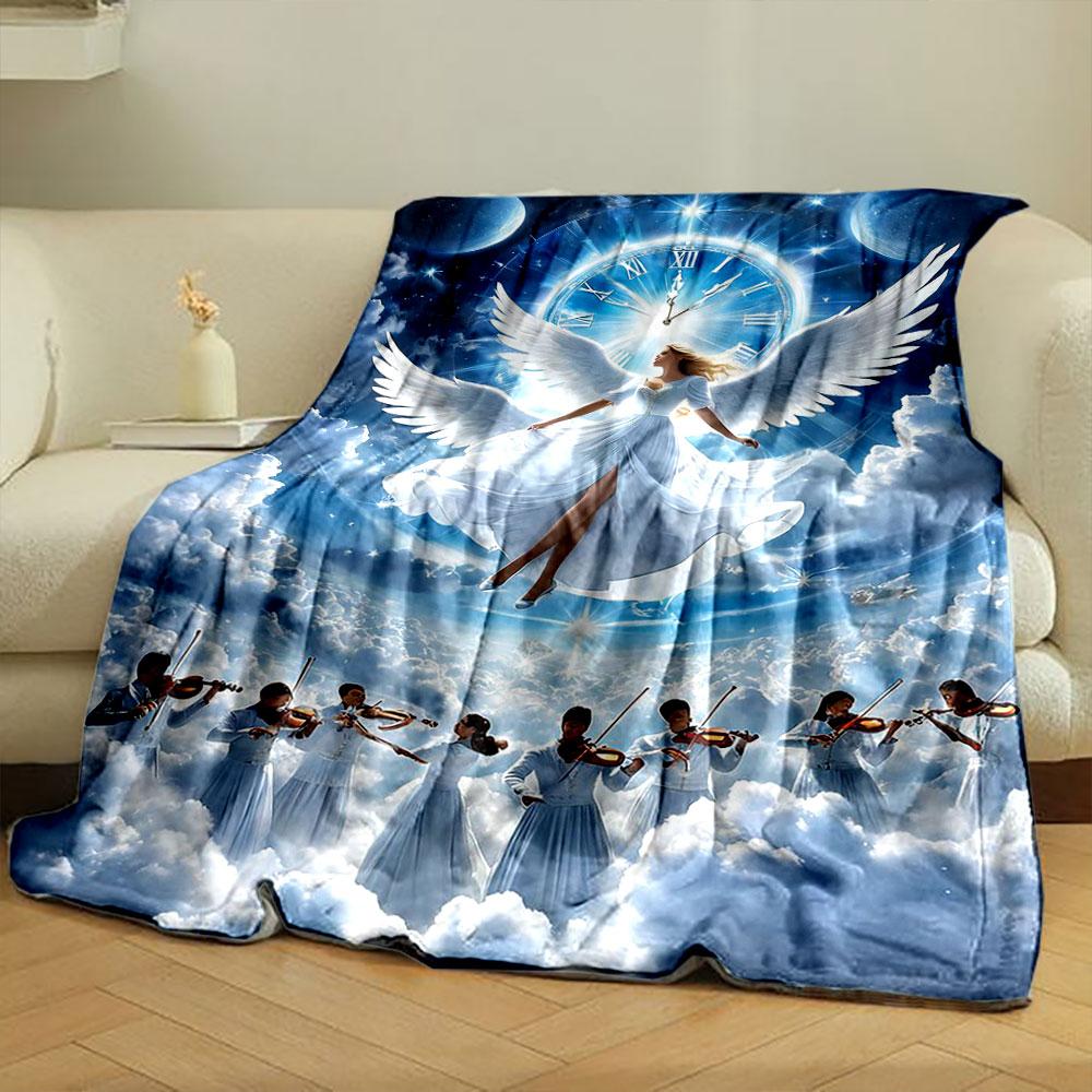 Angel Clock Violin Print Blanket  Printed Blanket for Living Room Bed Couch lunch break Soft Cozy Blanket for Friend's festival Gift