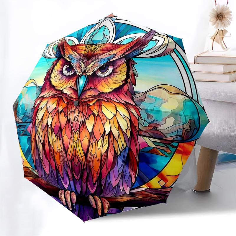 

1pc Colorful Stained Glass Owl Design Automatic Opening Folding Umbrella with 8-Bone Iron Frame, Portable for Outdoor Use, Festive Gift for Fans, Trav