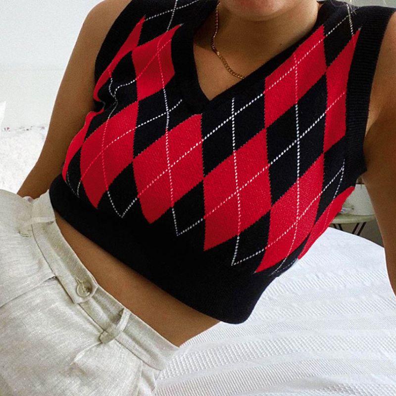 Holiday Autumn and Winter Personalized Fashion New Arrival Woolen Women's Clothing Sexy Plaid Color Contrast Short Sleeveless Vest Tops