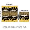 2026 Black & Gold Graduation Party Supplies: Paper Plates, Pull Flags, & Napkins.