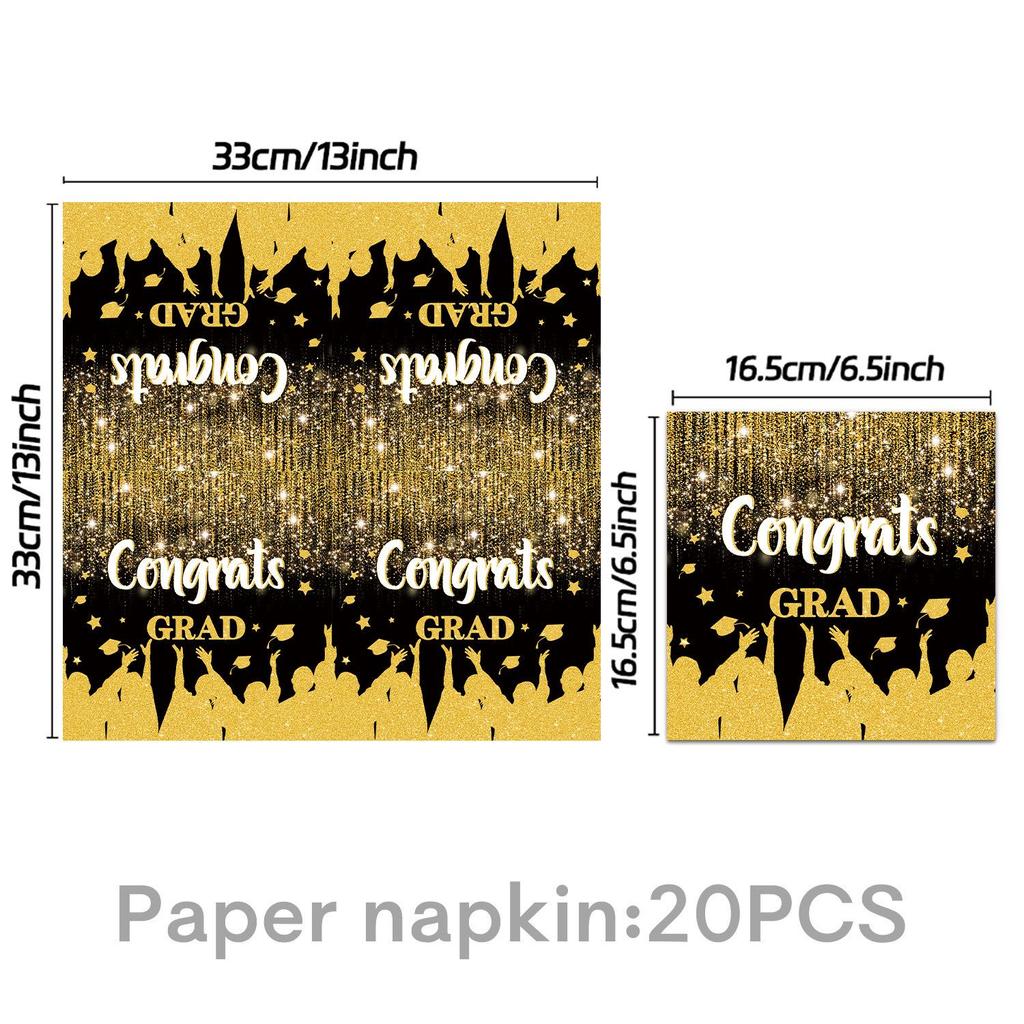 2026 Black & Gold Graduation Party Supplies: Paper Plates, Pull Flags, & Napkins.