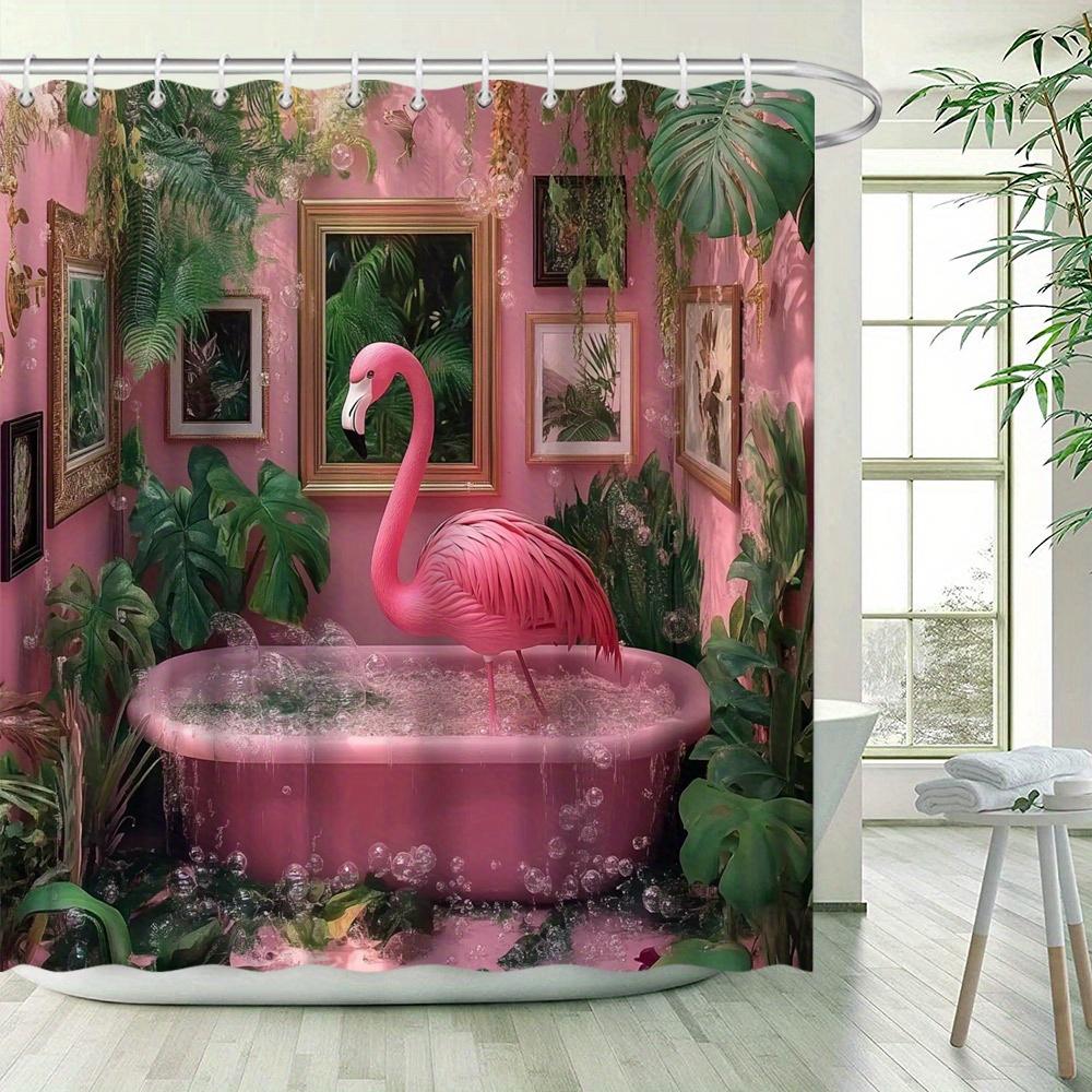 Dunika Chen Pink Chic Flamingo Shower Curtain - Waterproof, Mildew-Resistant With Tropical Bathtub Design For Quirky, Stylish Bathroom Decor