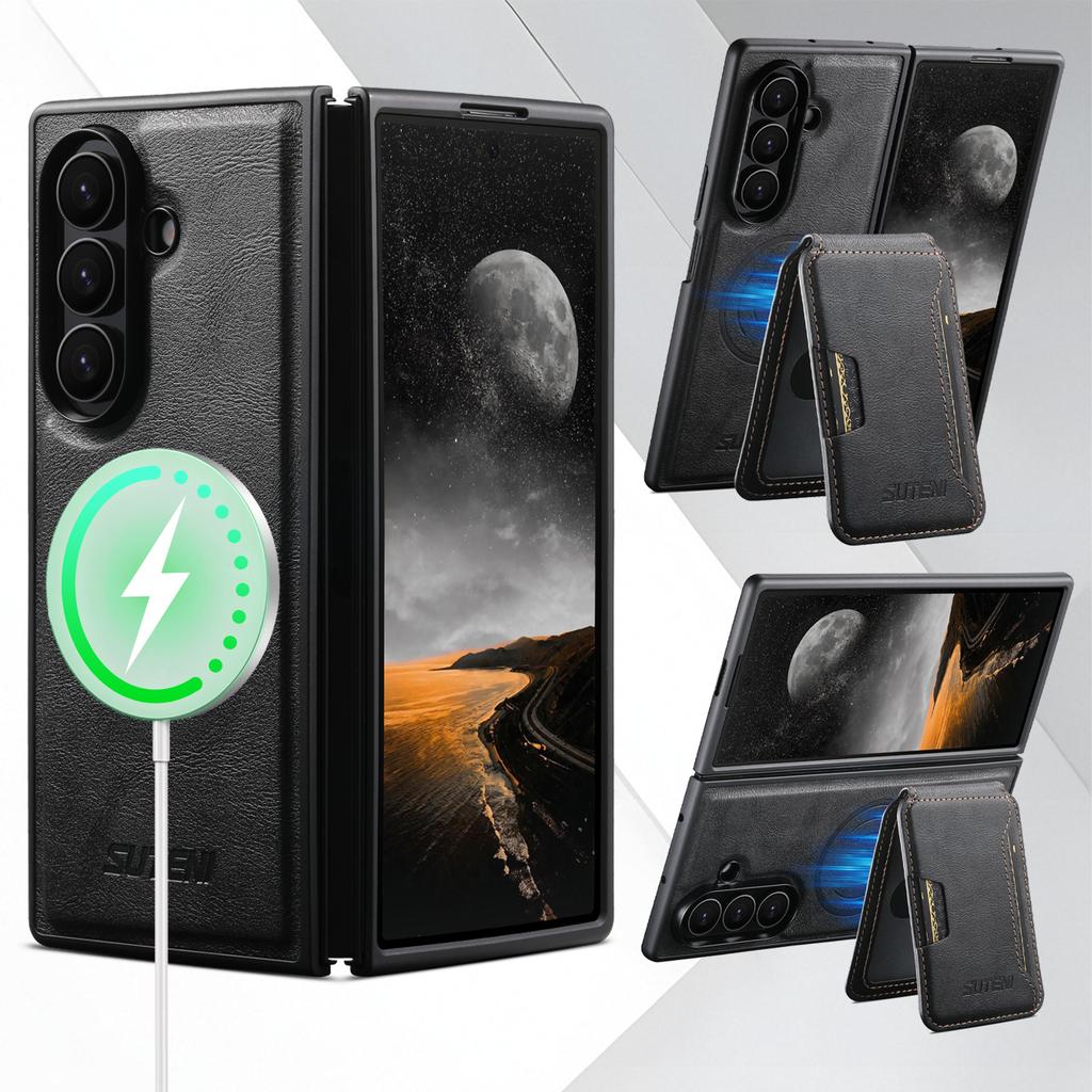 SUTENI M3 For Samsung Galaxy Z Fold7 5G Magnetic Case Cowhide Texture Leather Back Cover with Card Bag Kickstand