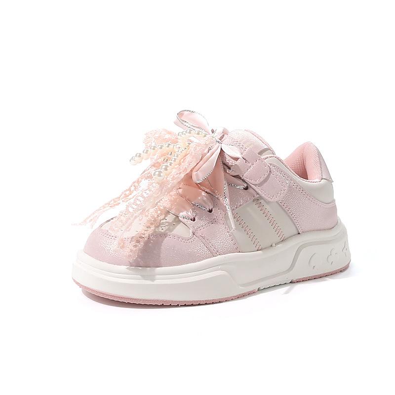 Girls low-top board shoes 2025 spring and autumn children's breathable sports shoes pearl fashion bow little girl white shoes
