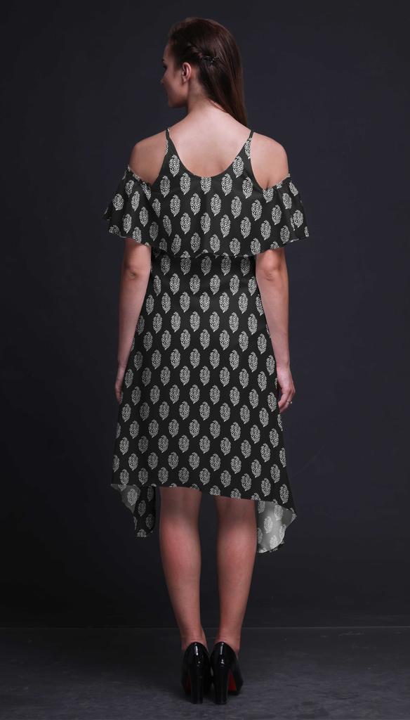 Bimba Block Print Cold Shoulder Women Swing Tunic Flutter Sleeve Midi