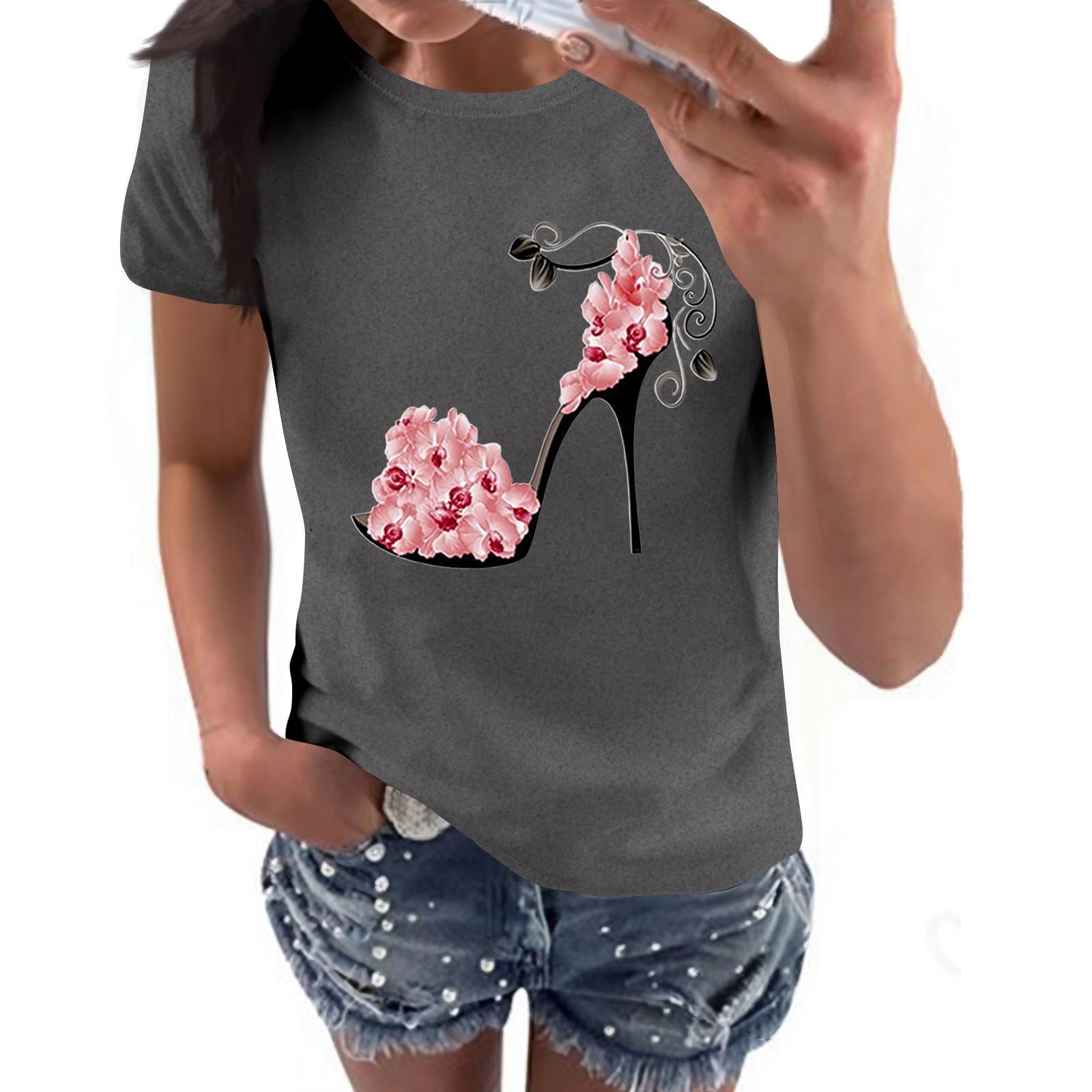 

Women s Casual High Heels Floral Print Casual Short-sleeved T-shirt Pullover Round Neck Short-sleeved Top XXL