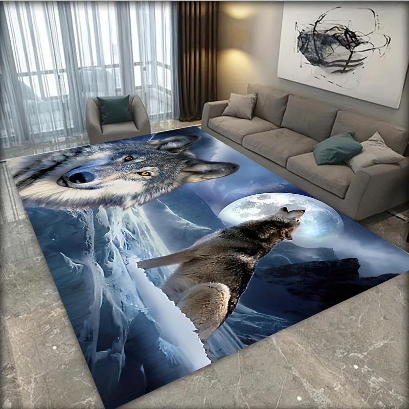 1pc 2D Flat Howling Wolf Moon Mountain Landscape Flannel Area Rug Non Slip Nature Art Carpet For Living Room Bedroom Decor
