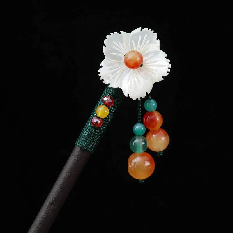 Retro Women Ebony Tassel Stepping Hair Stick Hairpin Chinese Style Handmade Hair Accessories Hanfu Headwear Flower Hair Fork