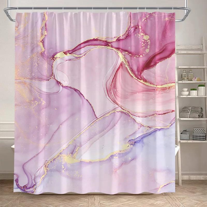 Abstract Marble Shower Curtains Black Green Textured Gold Crackle Modern Geometric Pattern Bathroom Curtain Decor Set with Hooks