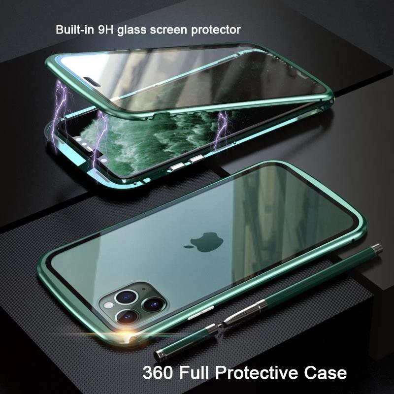 Metal Frame Double Sided Glass Magnetic Phone Case For iPhone16 15 14 13 12 Pro Max X XS 8 7 14 Plus 13 12Mini Camera Lens Cover