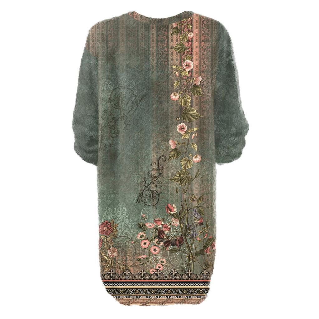 Women's Round Neck Casual Long Sleeve Plush Gradient Vintage Floral Print Dresses