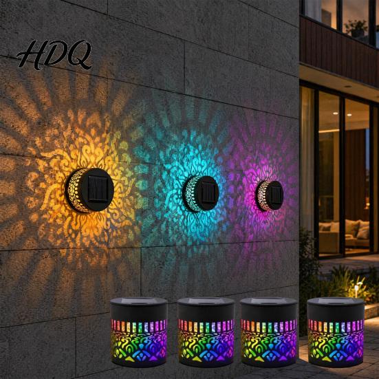 Solar Wall Lamp Lamp Seven Color Changing Projector Light with Hollow Pattern Patio Decorative Light Design IP65 Waterproof for Outdoor Garden Fence