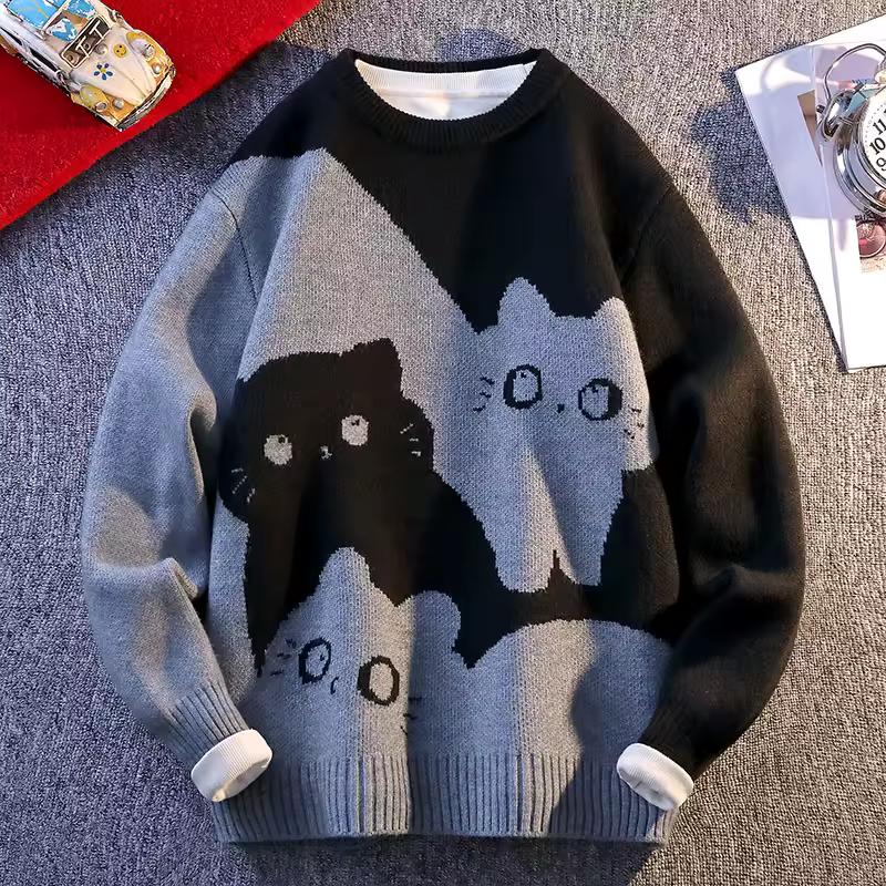 Cartoon Katze Strickpullover Herren Herbst/Winter Warmer Strickpullover Herren Pullover Hauskleidung