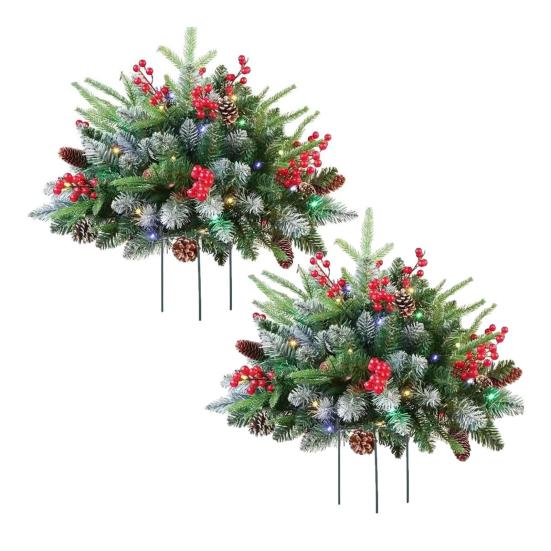 Pre-lit Christmas Tree Urn Filler Battery Operated Artificial Xmas Tree with Cones Berries Holiday Porch Planter Filler with Tripod Stake And LED