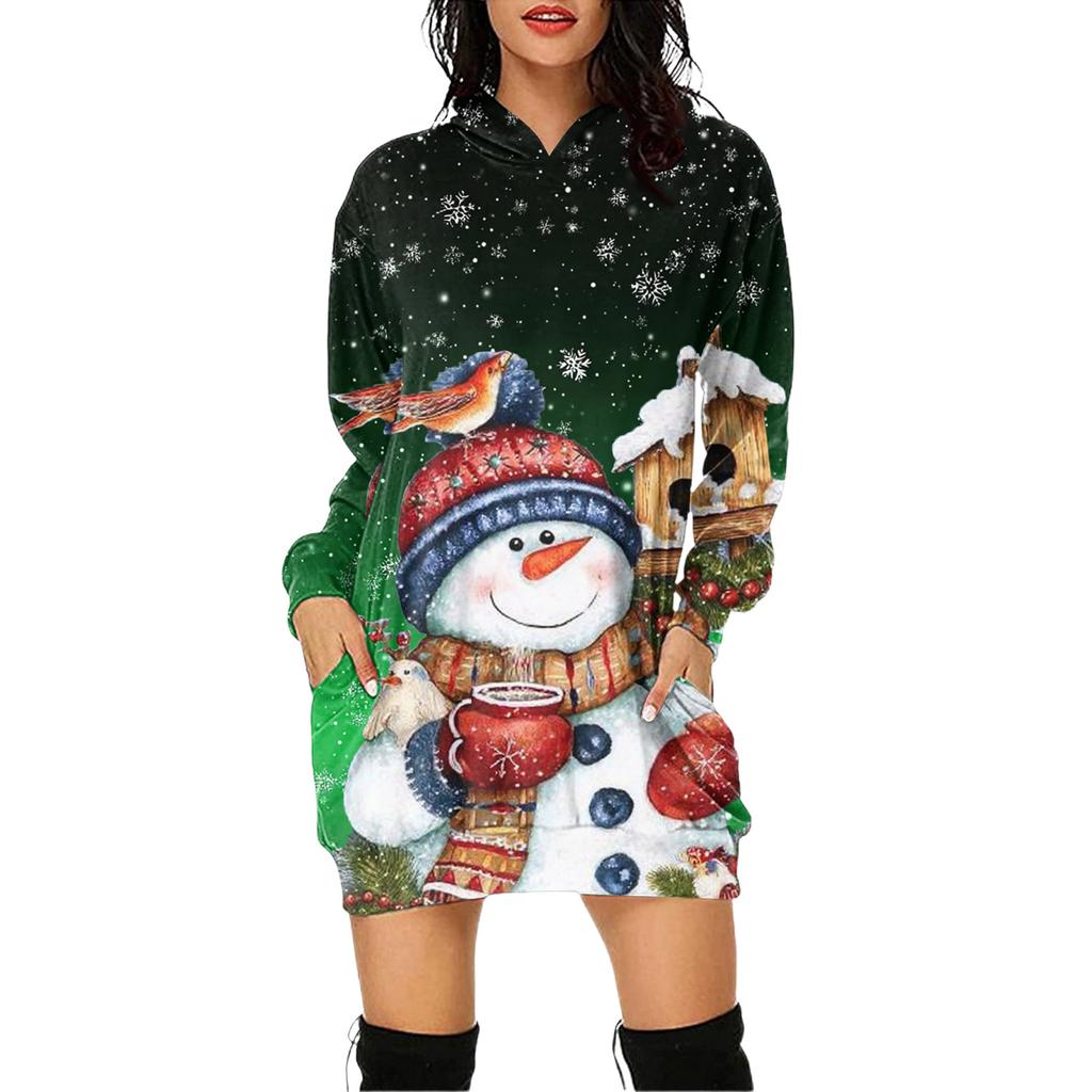 Rochie Pulover cu Glugă și Mâneci Lungi cu Buzunar și Imprimeu de Crăciun pentru Femei