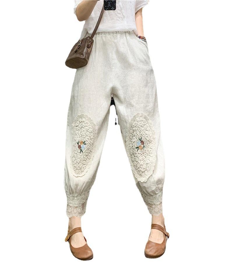 Retro Cotton and Linen Pants Women's 2025 Summer New Nine-point Loose Embroidered Lace Harlan Pants Radish Bloomers