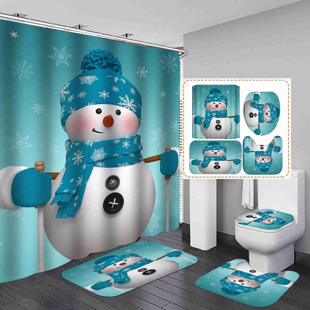 Merry Christmas Bathroom 4Pcs Set Snowman Santa Claus Pattern Waterproof Shower Curtain Toilet Cover Mat Non Slip Rug Home Decor