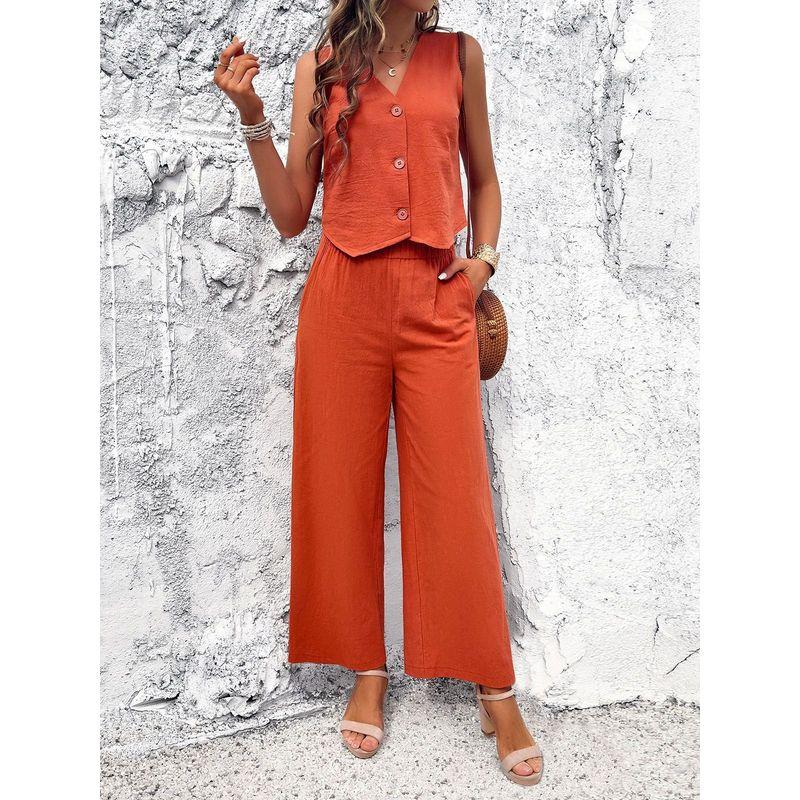 Casual V-neck Vest Long Pants Set Pure Color Casual V-neck Vest Pants Suit