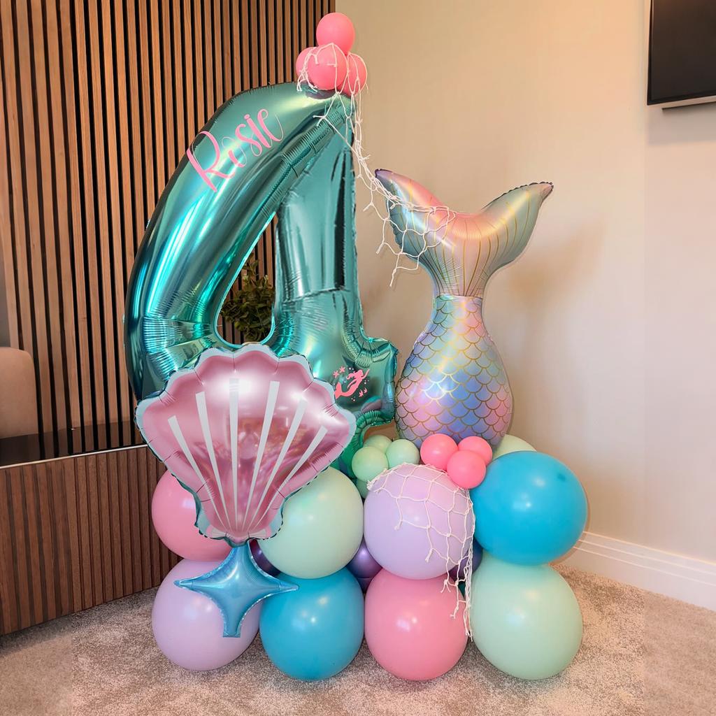 Mermaid Shell Themed Balloon Set with Numbers 1-9th Blue Purple Pink Latex Foil Balloons for Girl Princess Birthday Party Decor