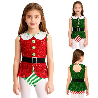 Girls Christmas Elf Costume Shiny Sequin Candy Cane Ballet Dance Gymnastics Leotard Holiday New Year Party Performance Bodysuit