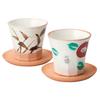 Japanese Tosai Rosanjin-style Hand-painted Pair of Cups with Wooden Plates T96237400
