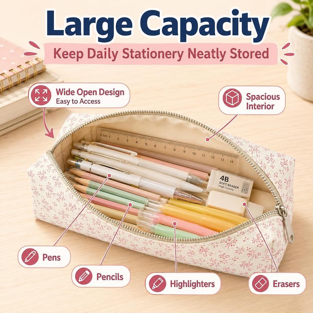 3PACK Floral Cotton Linen Pencil Pouches Cute Small Flower Print Pen Case