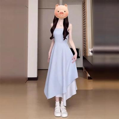 High-end Blue Suspender Dress Women's Summer New Korean Wear Temperament Irregular Long Dress
