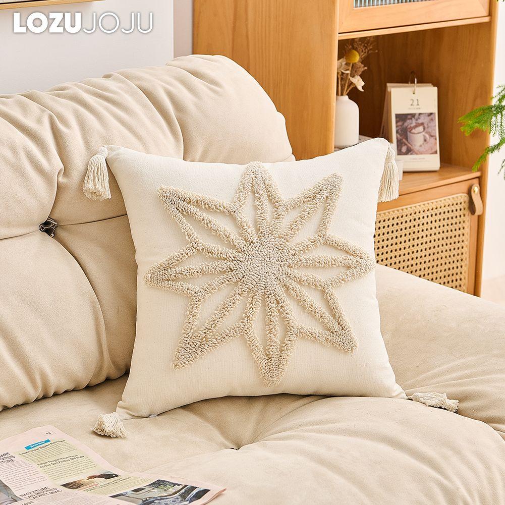 1PC LOZUJOJU Beige Soft Cushion Cover Bohemian Tassel Style Tufted Embroidered Pillowcase for Sofa Living Room Bedroom Home Decor