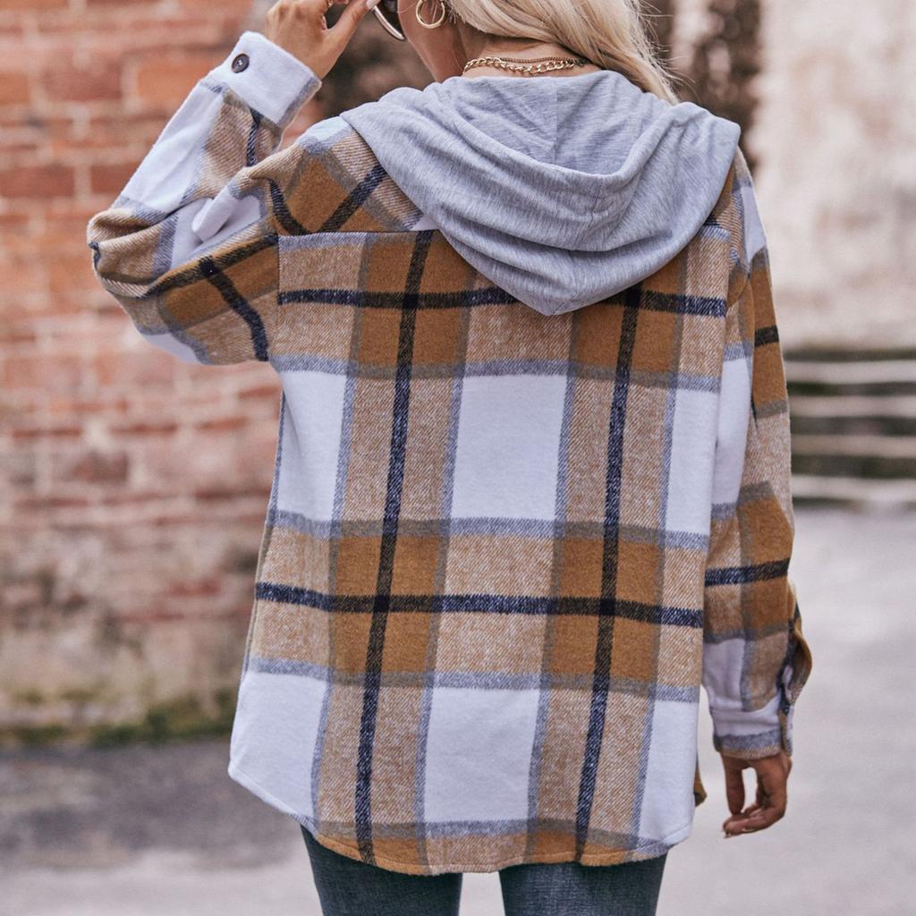 Veste Chemise Décontractée à Carreaux Manches Longues Boutonnée à Capuche à Poches Cordon de Serrage Mode Femme